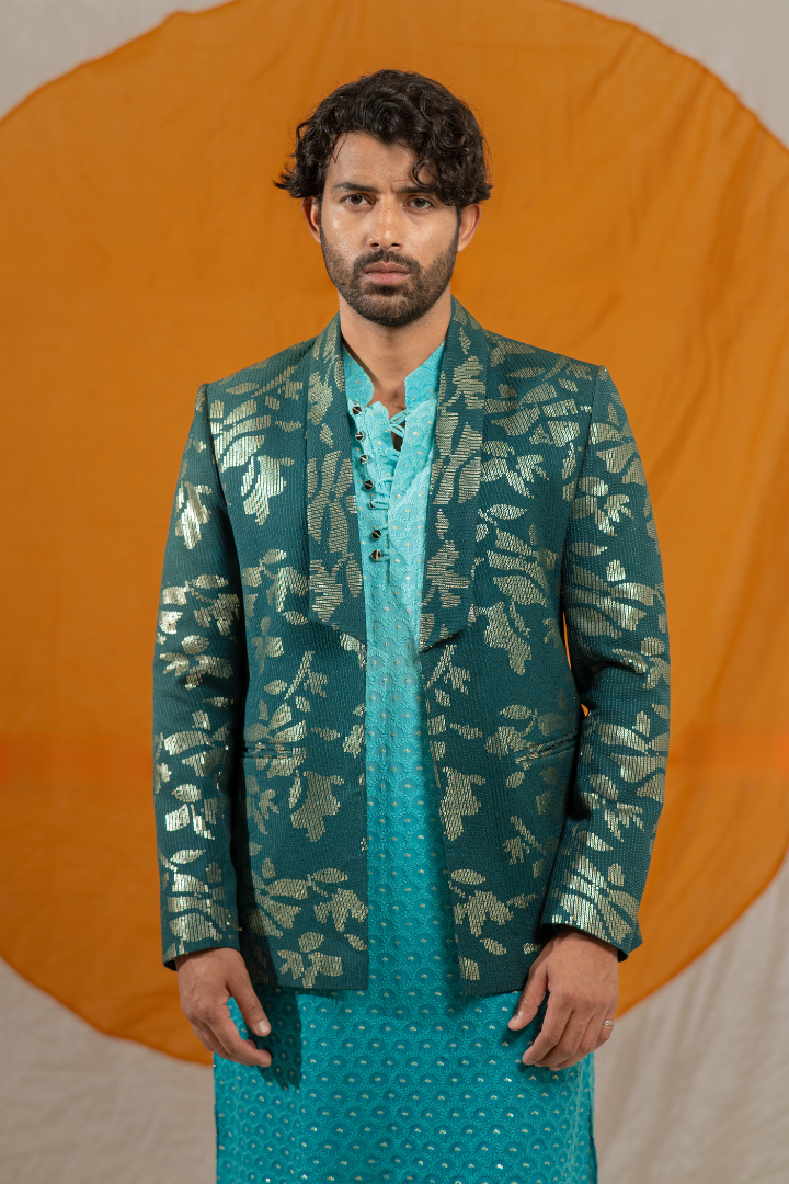 Emerald Sequin Jodhpuri with Lucknowi Embroidery and Silk Pants