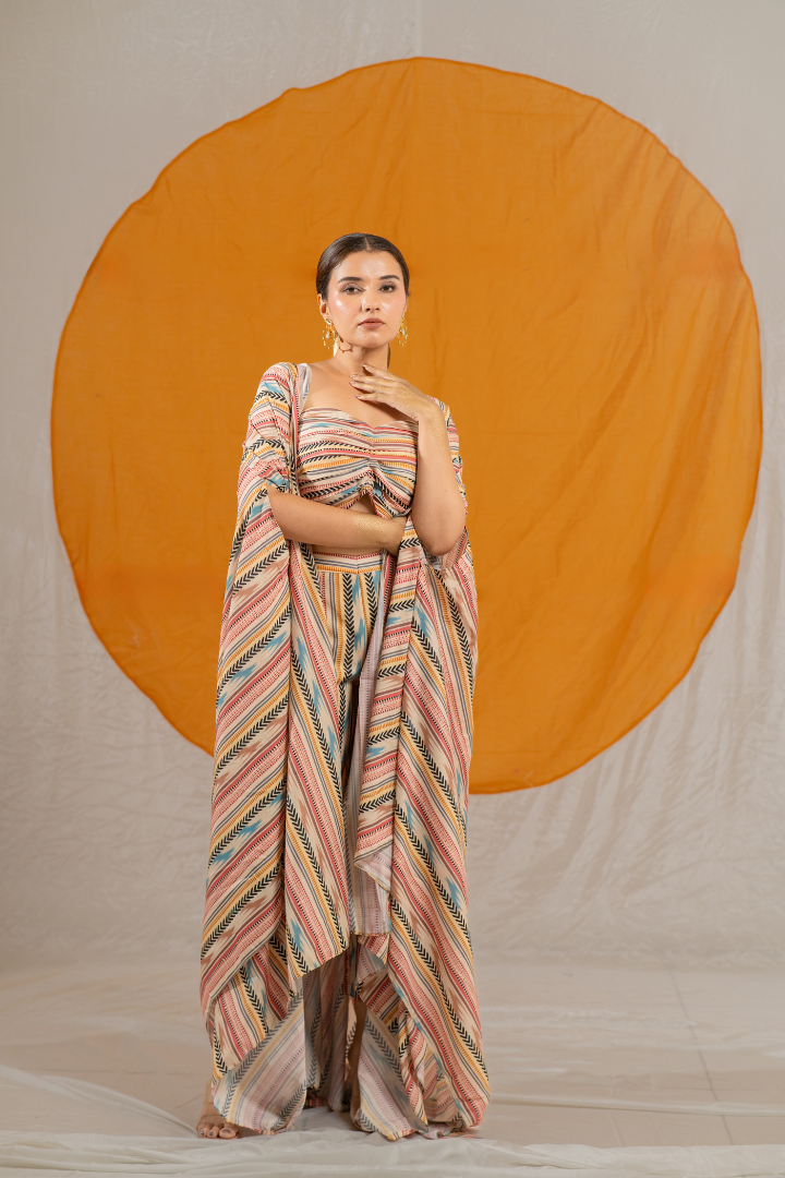 Printed Veil Indowestern Ensemble with Silk Pant, Crop Top, and Shrug