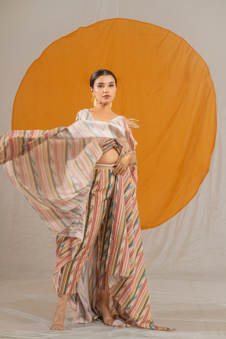 Printed Veil Indowestern Ensemble with Silk Pant, Crop Top, and Shrug