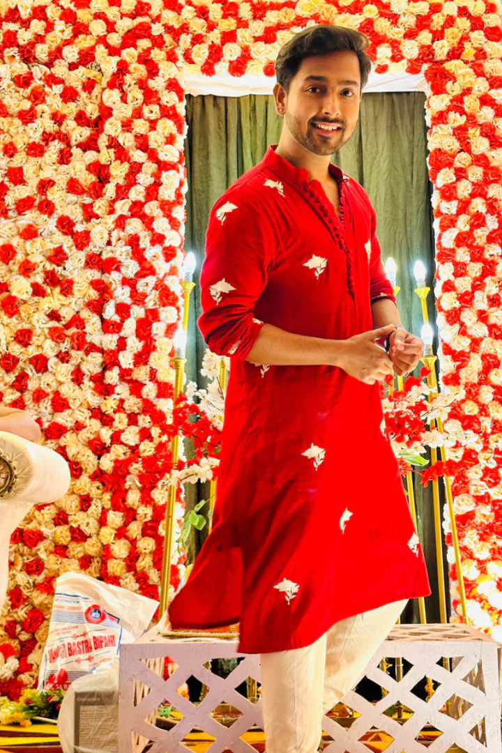 Buy Red Cotton Satin Kurta with Delicate White Embroidery