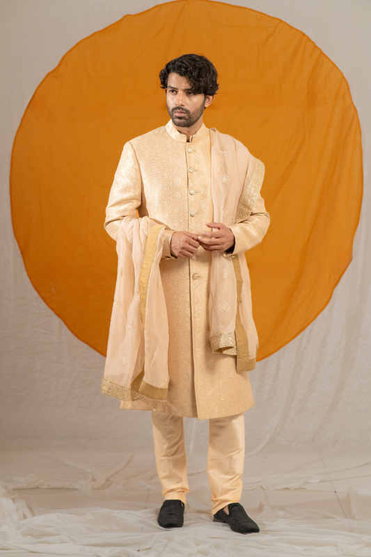 Golden Jacquard Silk Sherwani (Without Dupatta)