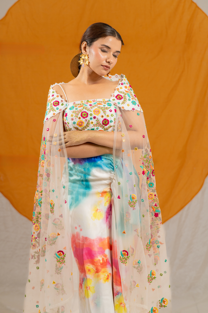 Splashy Draped Skirt with Crop Top and Net Shrug Dupatta