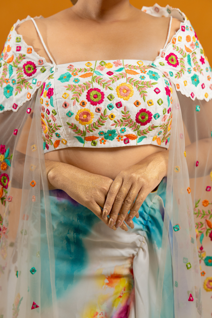 Splashy Draped Skirt with Crop Top and Net Shrug Dupatta