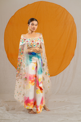 Splashy Draped Skirt with Crop Top and Net Shrug Dupatta