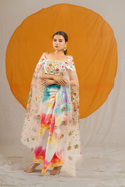 Splashy Draped Skirt with Crop Top and Net Shrug Dupatta