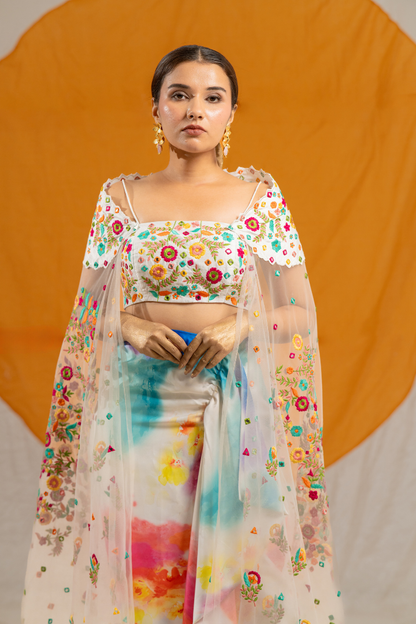 Splashy Draped Skirt with Crop Top and Net Shrug Dupatta