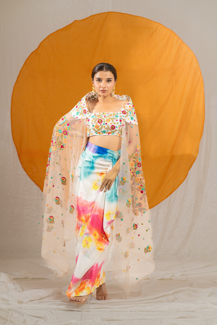 Splashy Draped Skirt with Crop Top and Net Shrug Dupatta