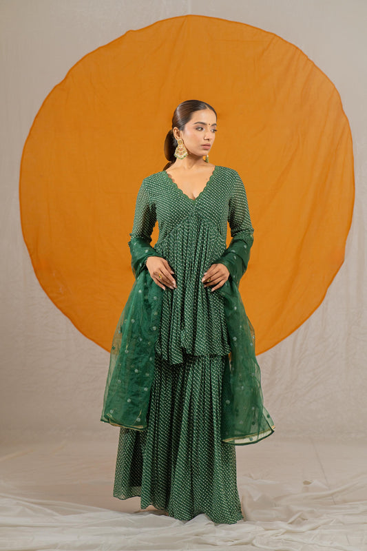 Hare Wala Bhandej Kurta and Sharara with Organza Embroidery Dupatta