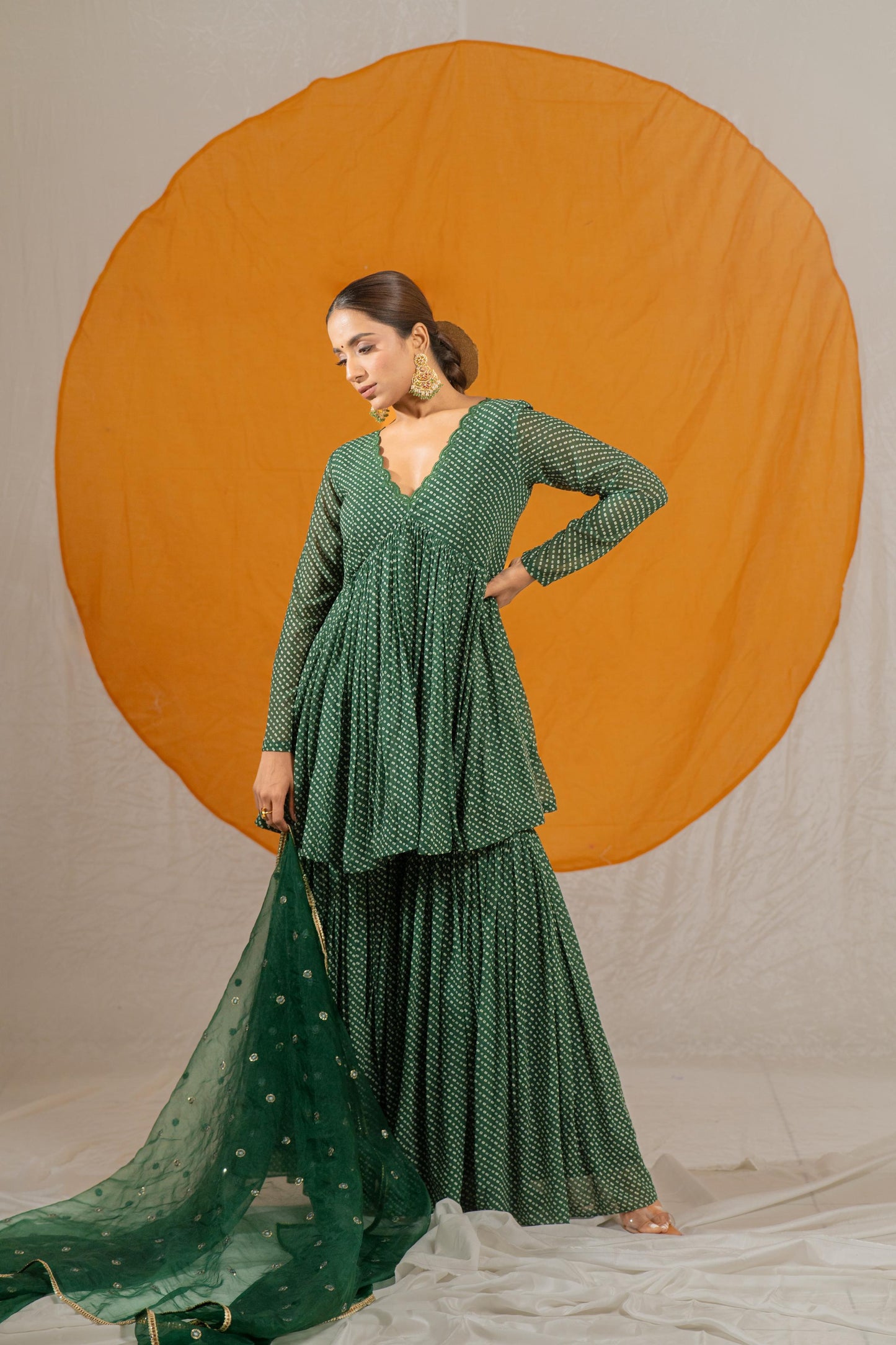 Hare Wala Bhandej Kurta and Sharara with Organza Embroidery Dupatta