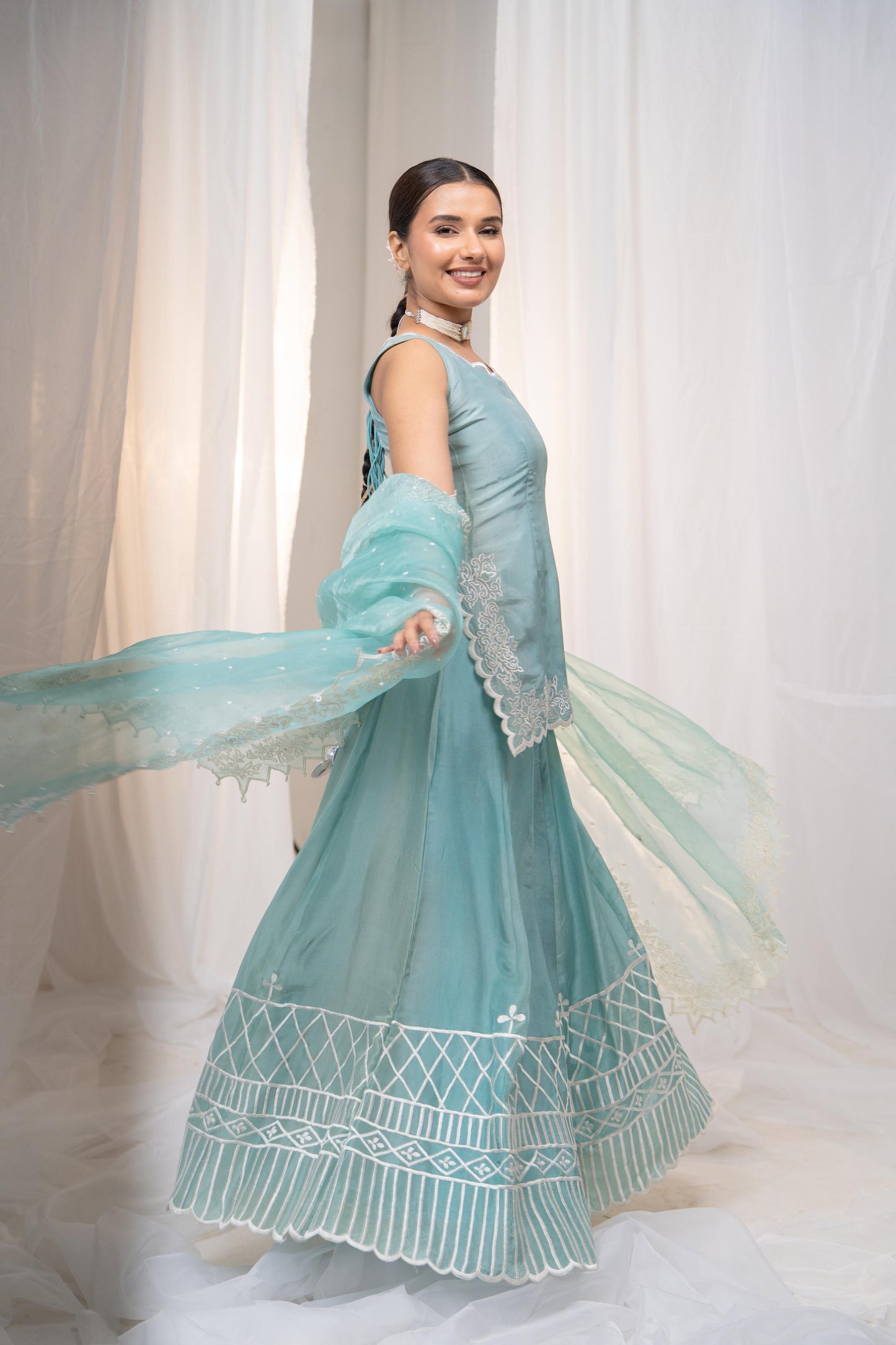 Bubbly Blue Sharara Set with Elegant White Embroidery Detail