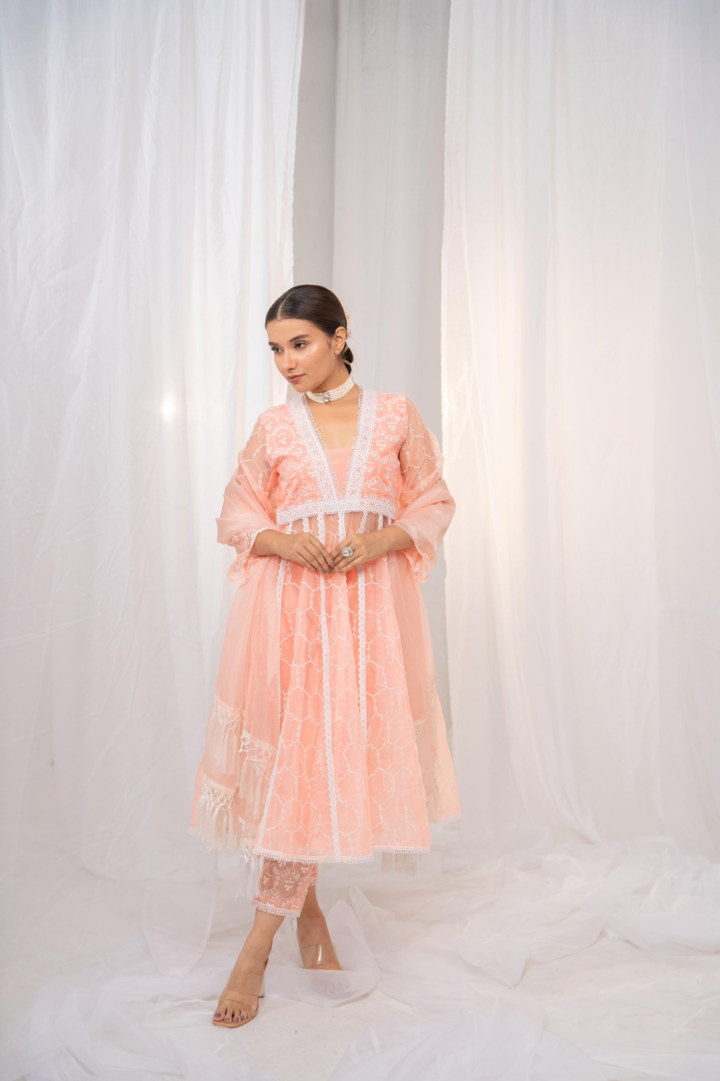 Ethereal Kesari Organza Anarkali with Safed Embroidery, Pants, and Dupatta