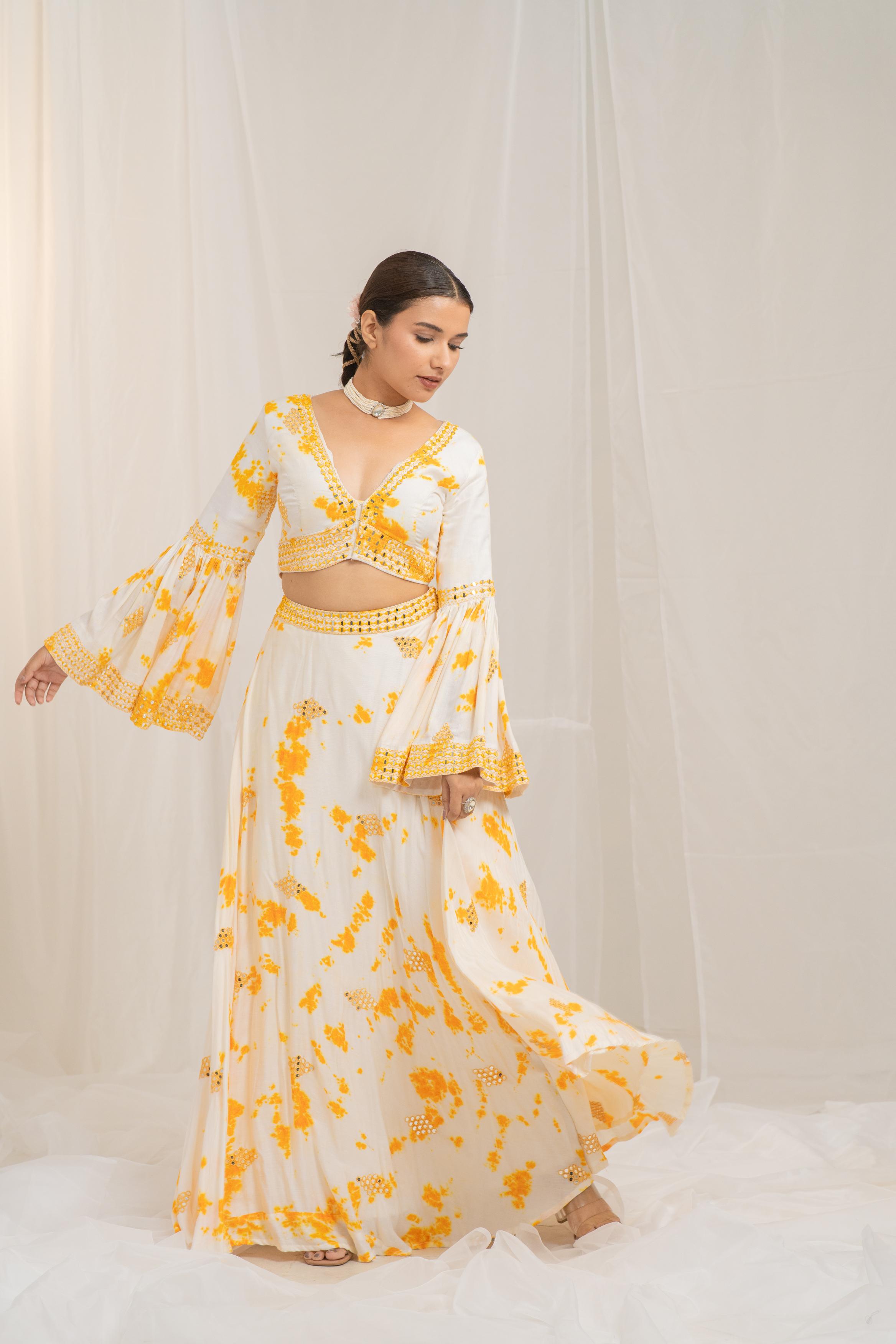 Buy Yellow Organza Embroidered Leather Work Overlay Crop Top Lehenga Set  For Women by Maiti Shahani Online at Aza Fashions.