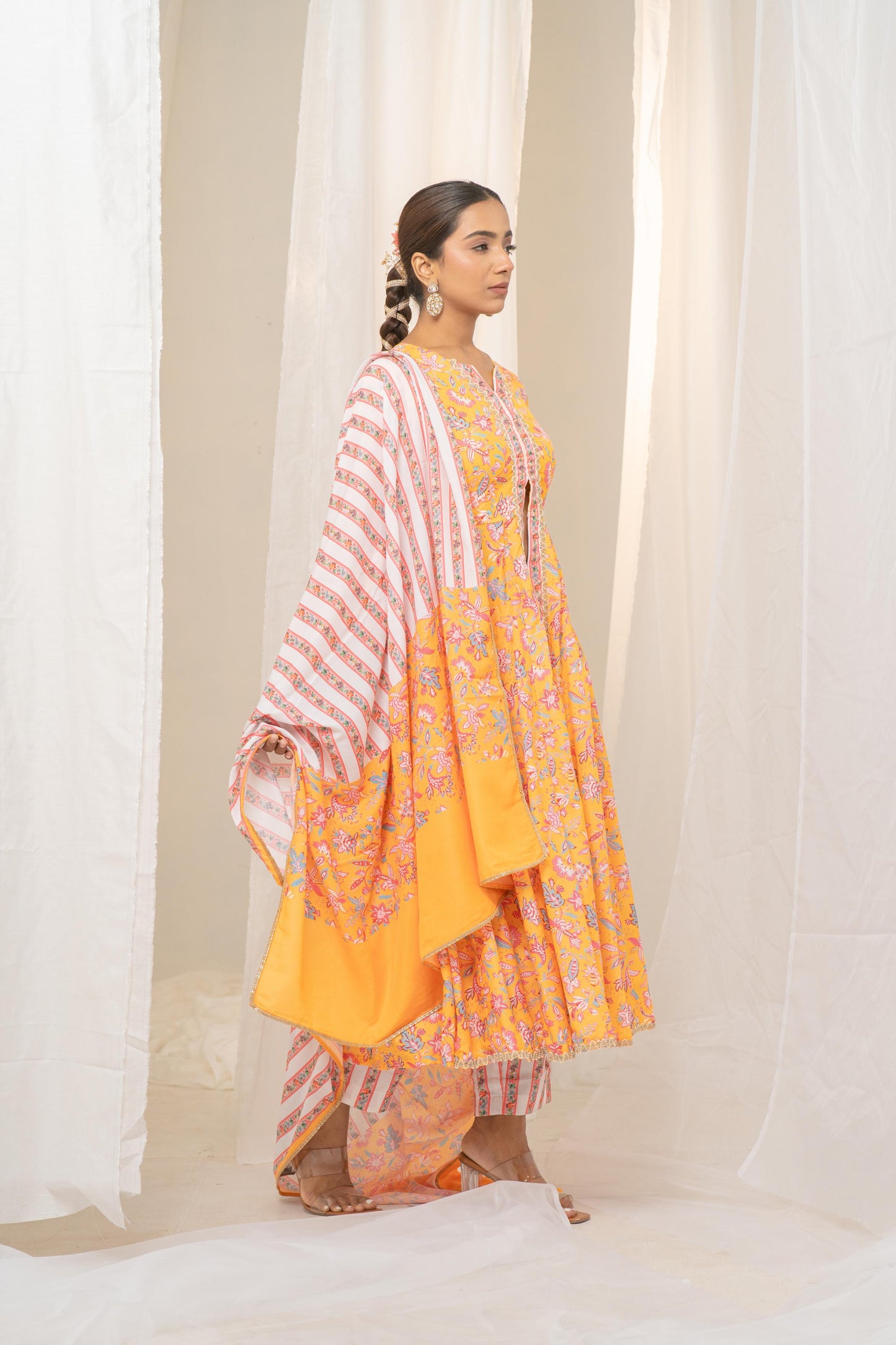 Yellow Floral Printed Anarkali Suit with Exquisite Border - Pant and Dupatta Included