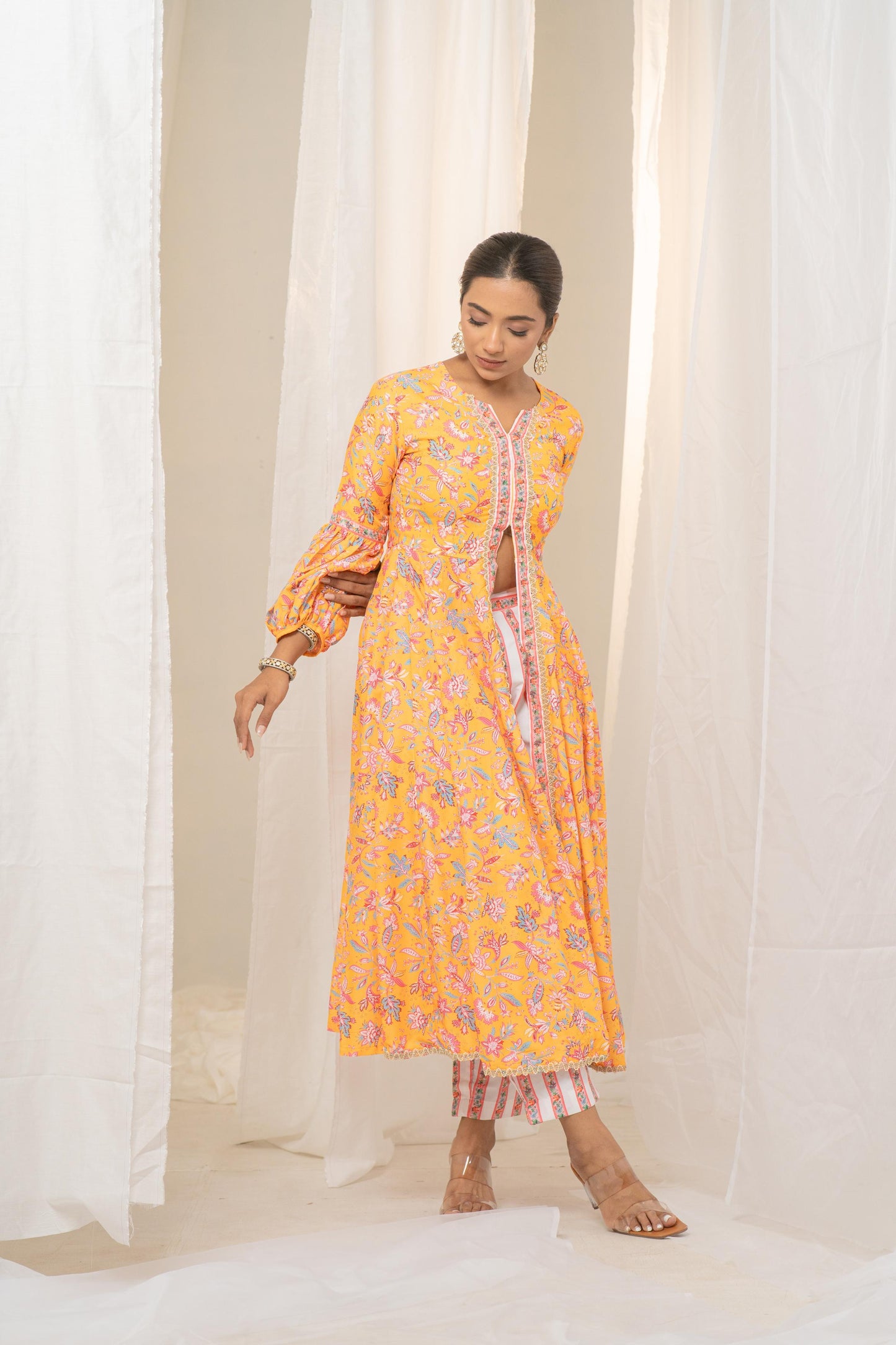 Yellow Floral Printed Anarkali Suit with Exquisite Border - Pant and Dupatta Included