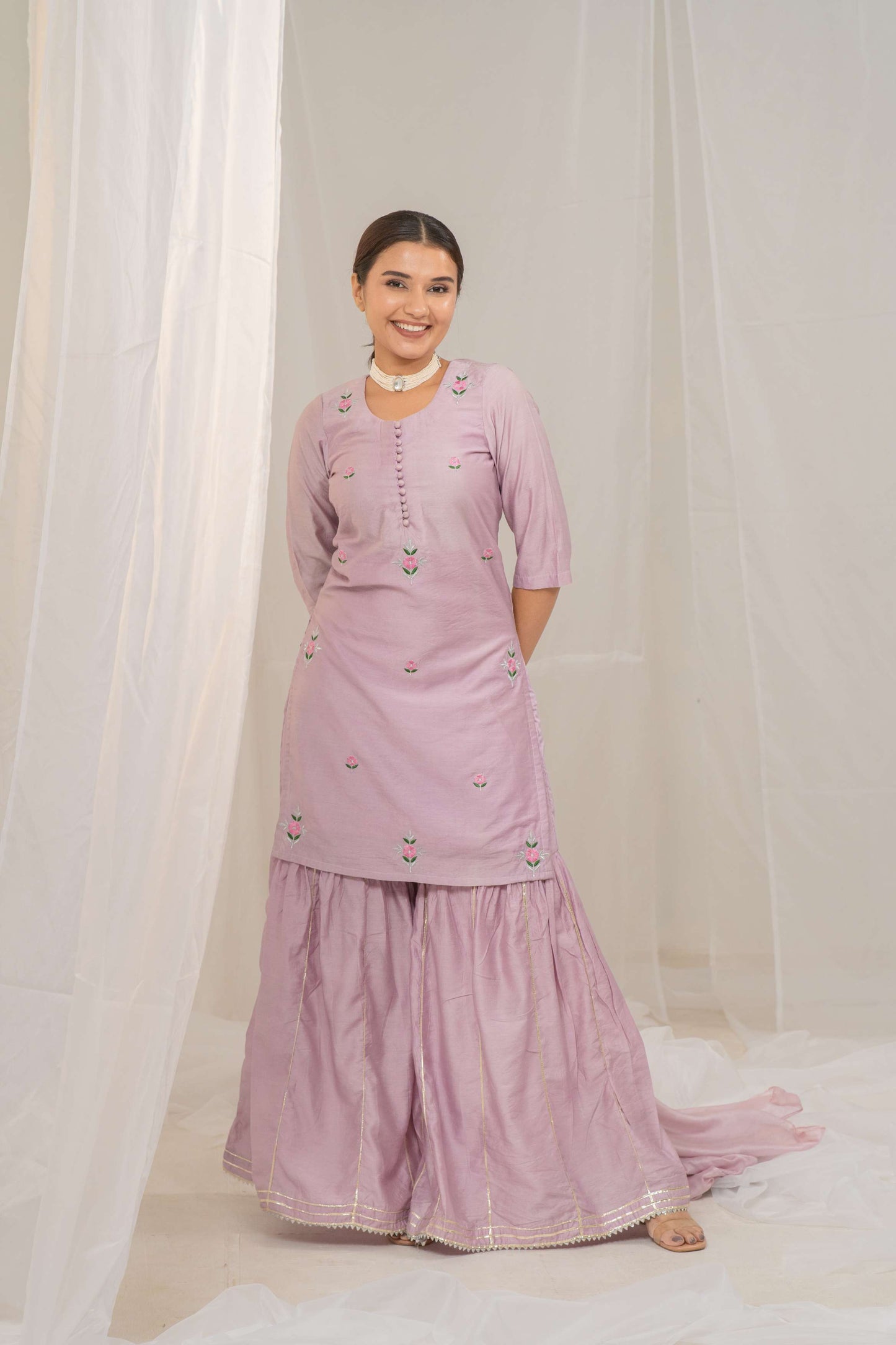 Chanderi Silk Kurta and Sharara Set with Elegant Embroidery and Chiffon Dupatta
