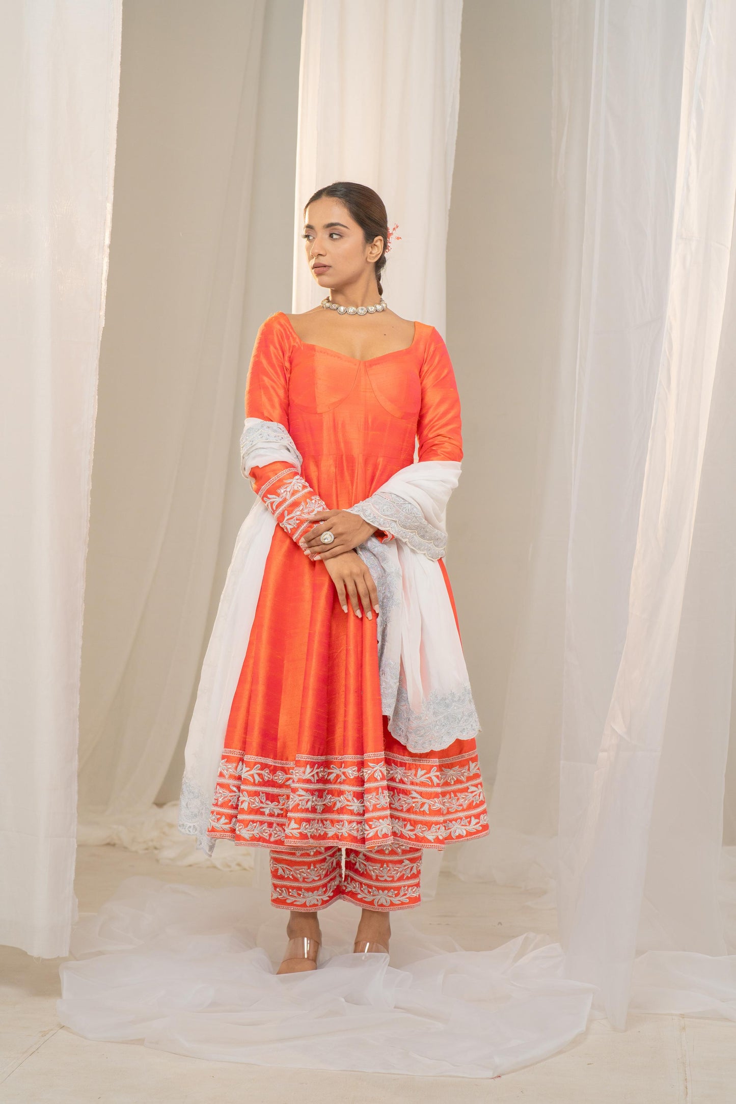 Kesar-Pista Orange Raw Silk Anarkali with White Embroidery and Organza Dupatta