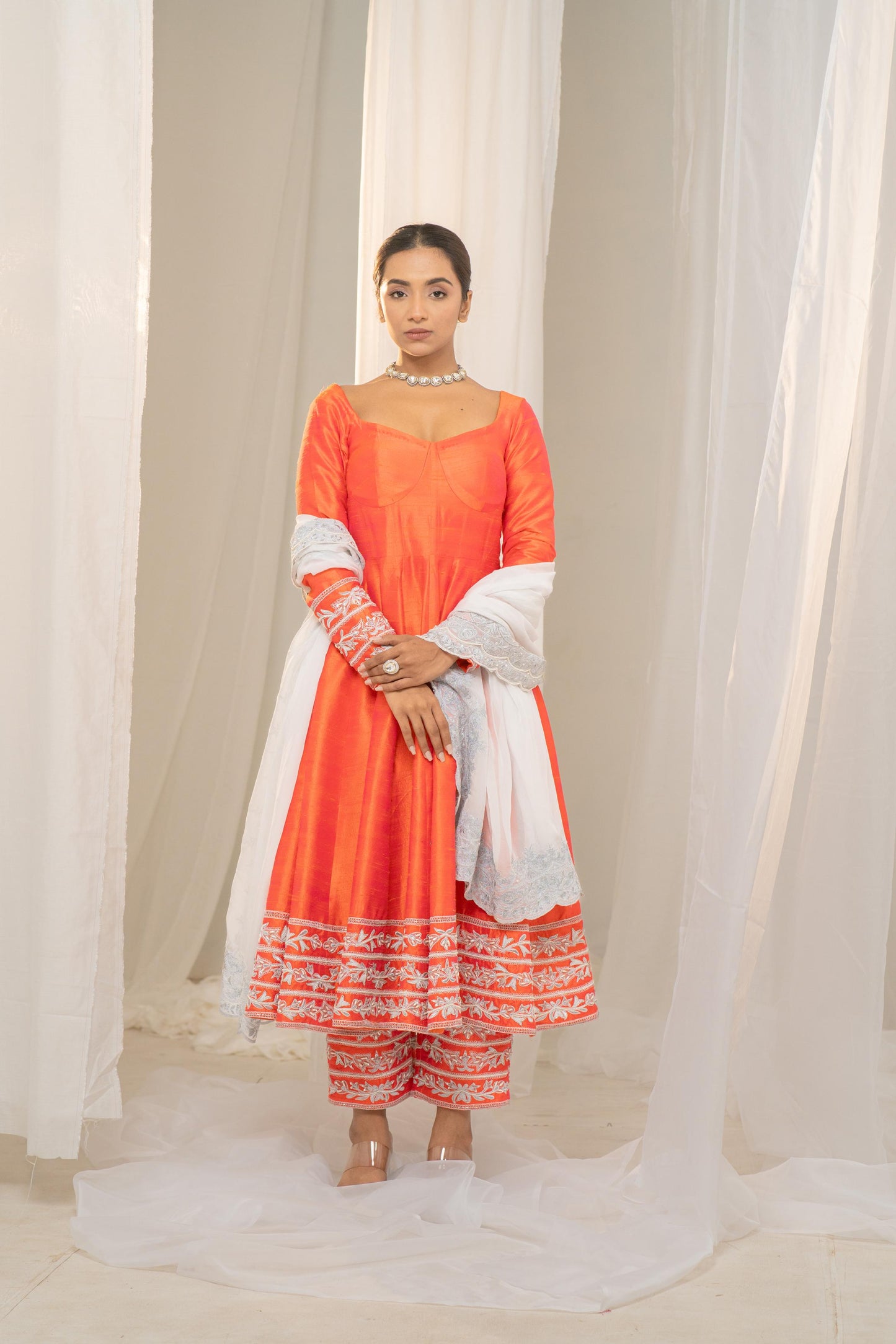 Kesar-Pista Orange Raw Silk Anarkali with White Embroidery and Organza Dupatta
