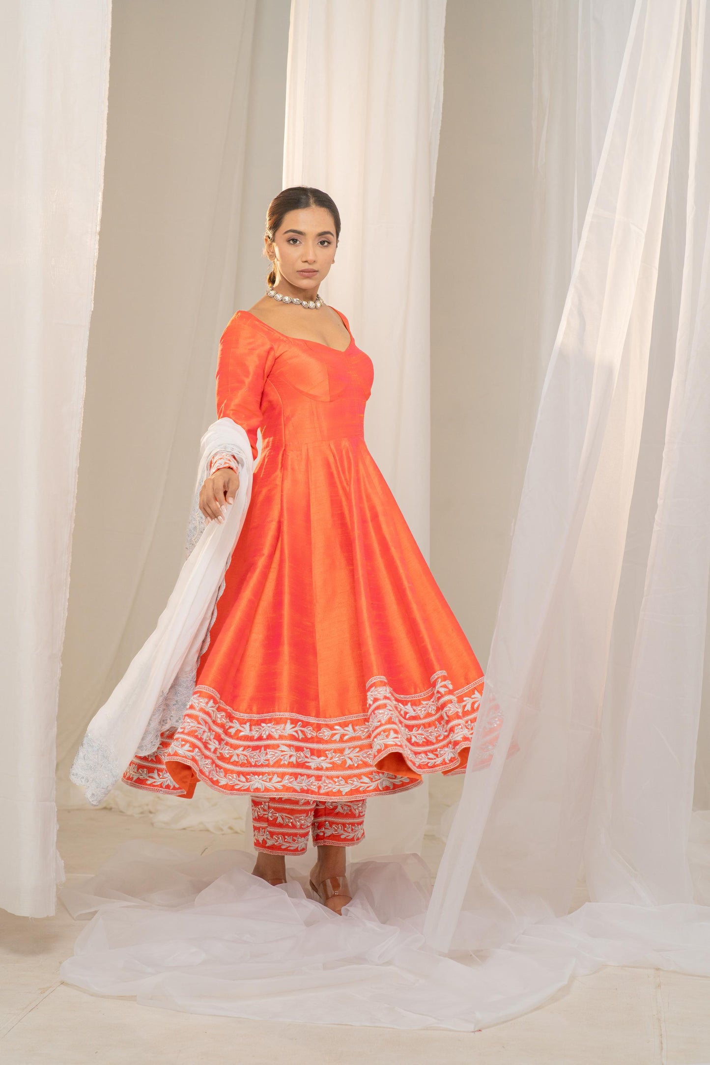 Kesar-Pista Orange Raw Silk Anarkali with White Embroidery and Organza Dupatta