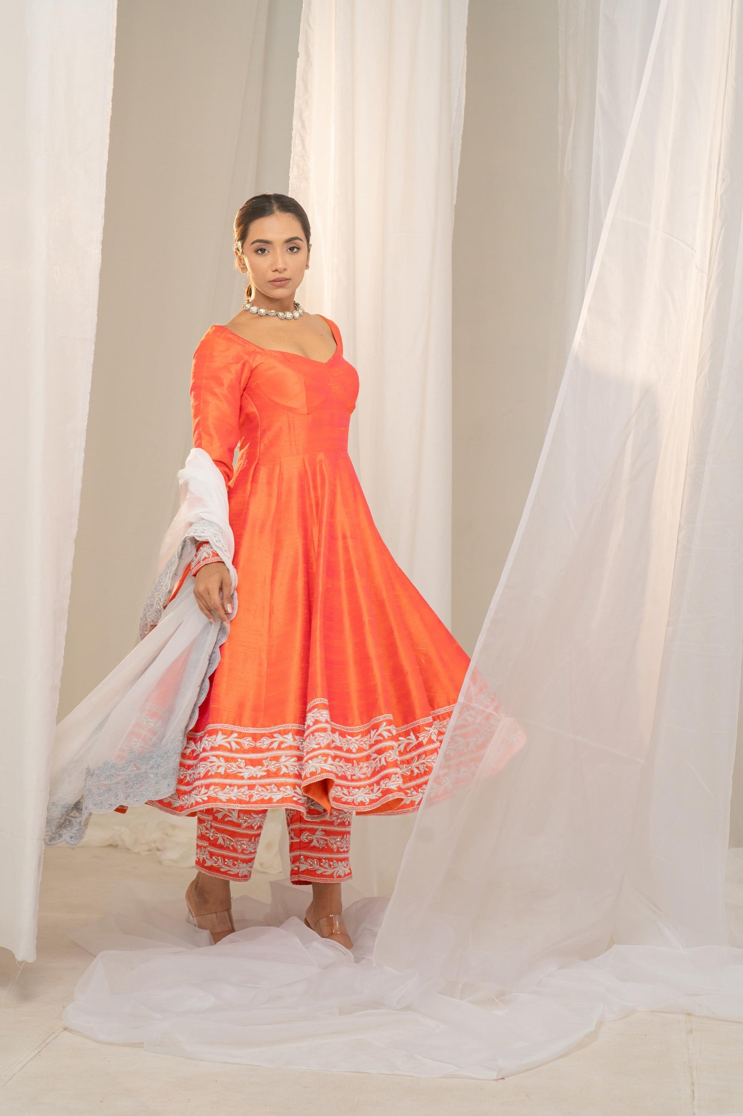 Kesar-Pista Orange Raw Silk Anarkali with White Embroidery and Organza Dupatta