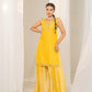 Vibrant Khatta-Nimbu Raw Silk Kurta with Embroidered Neck and Crushed Palazzo