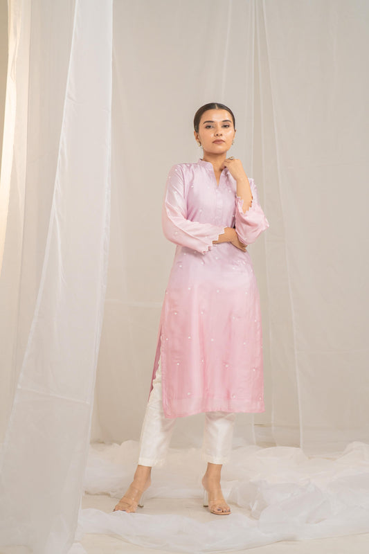 Pink Cotton Modal Satin Haryali Kurta Pant Set