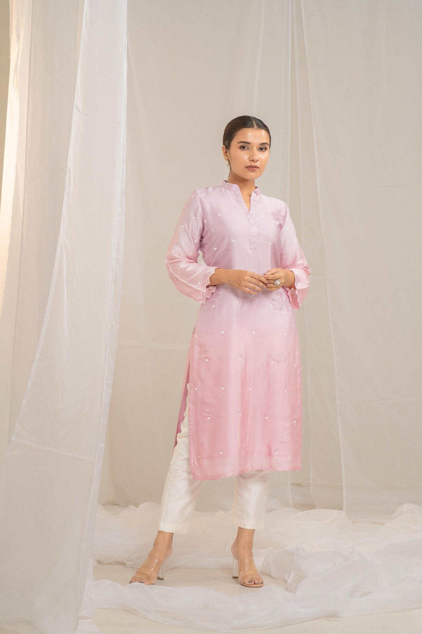 Pink Cotton Modal Satin Haryali Kurta Pant Set