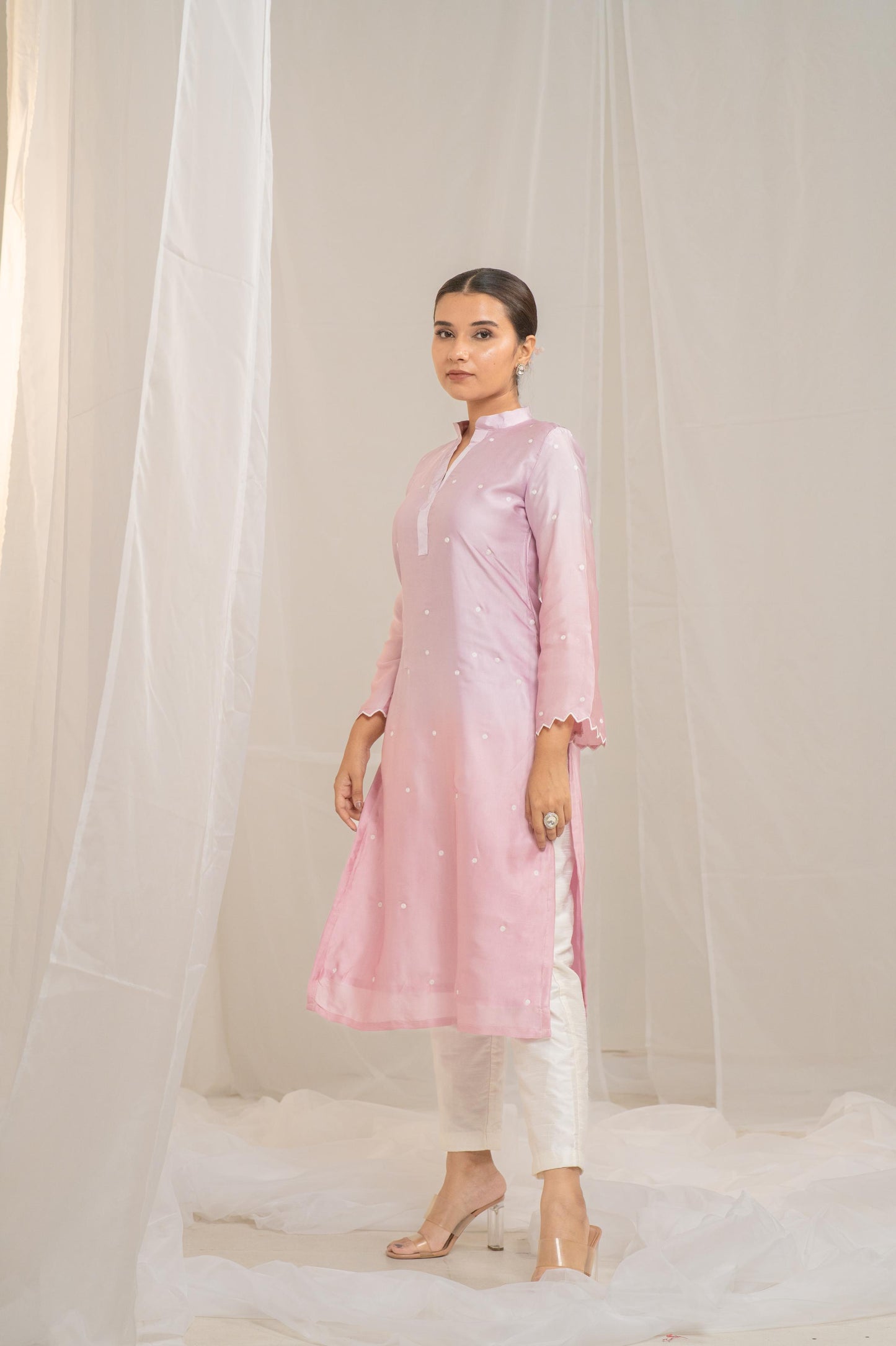 Pink Cotton Modal Satin Haryali Kurta Pant Set