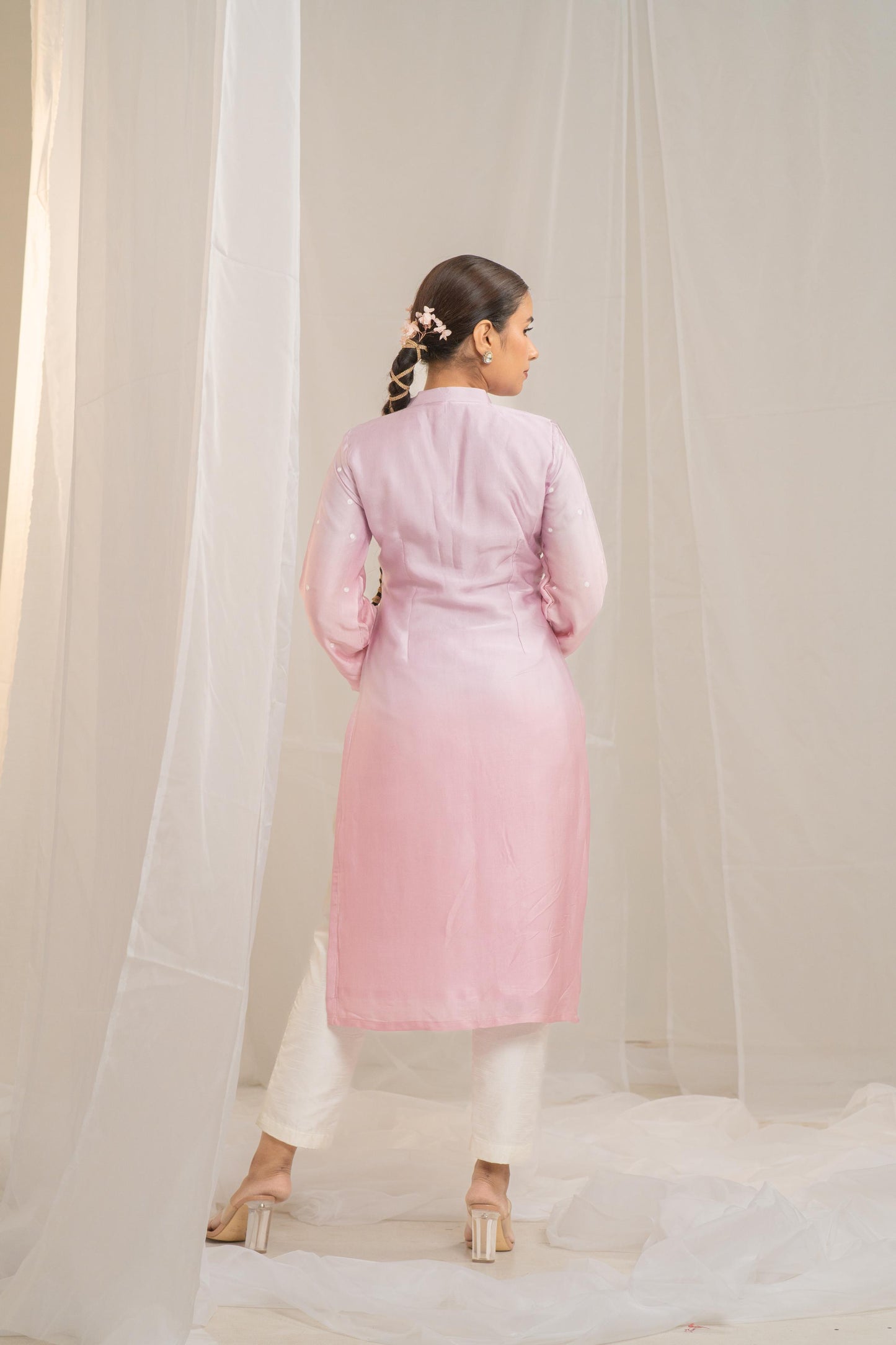 Pink Cotton Modal Satin Haryali Kurta Pant Set