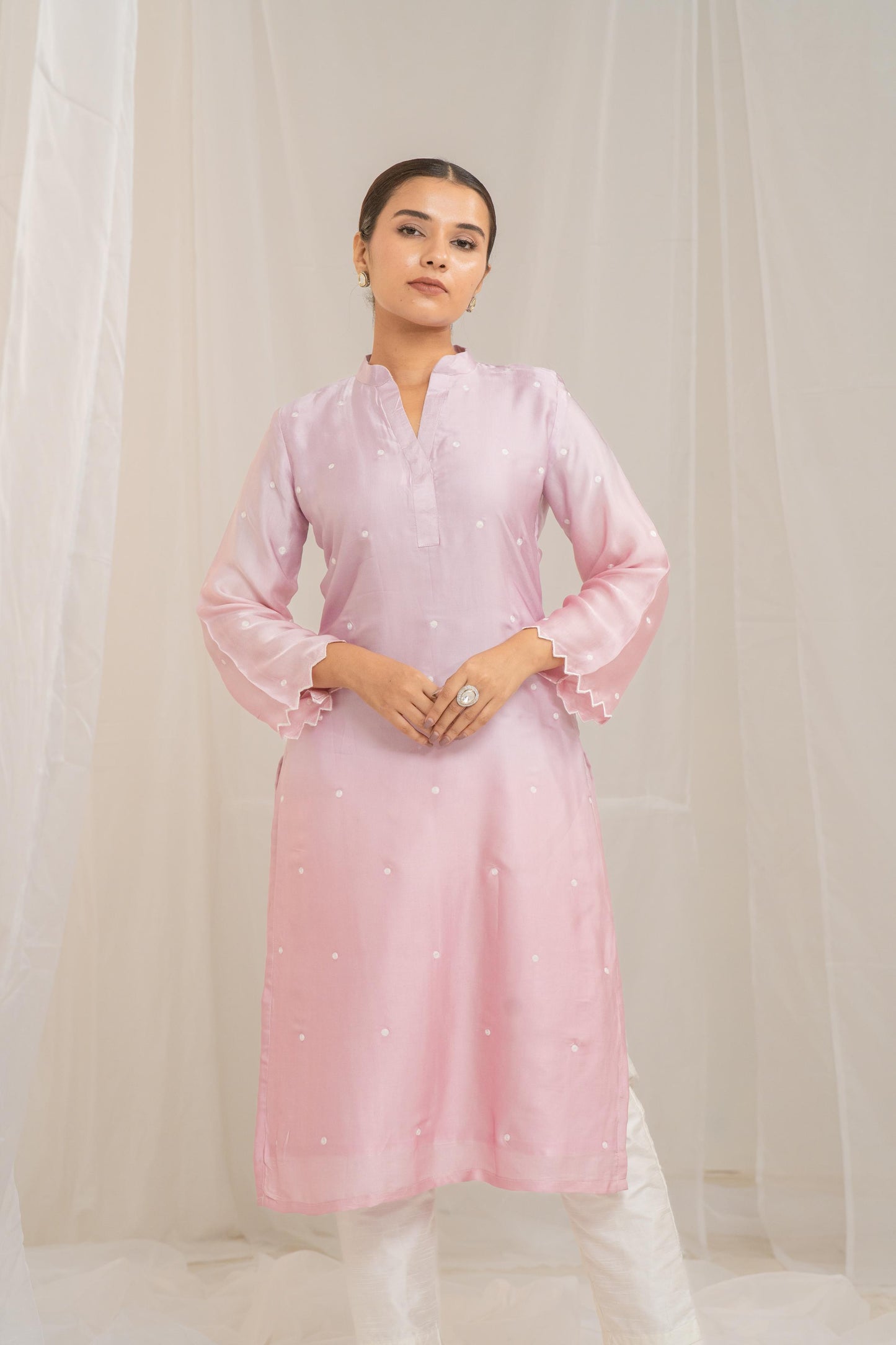 Pink Cotton Modal Satin Haryali Kurta Pant Set