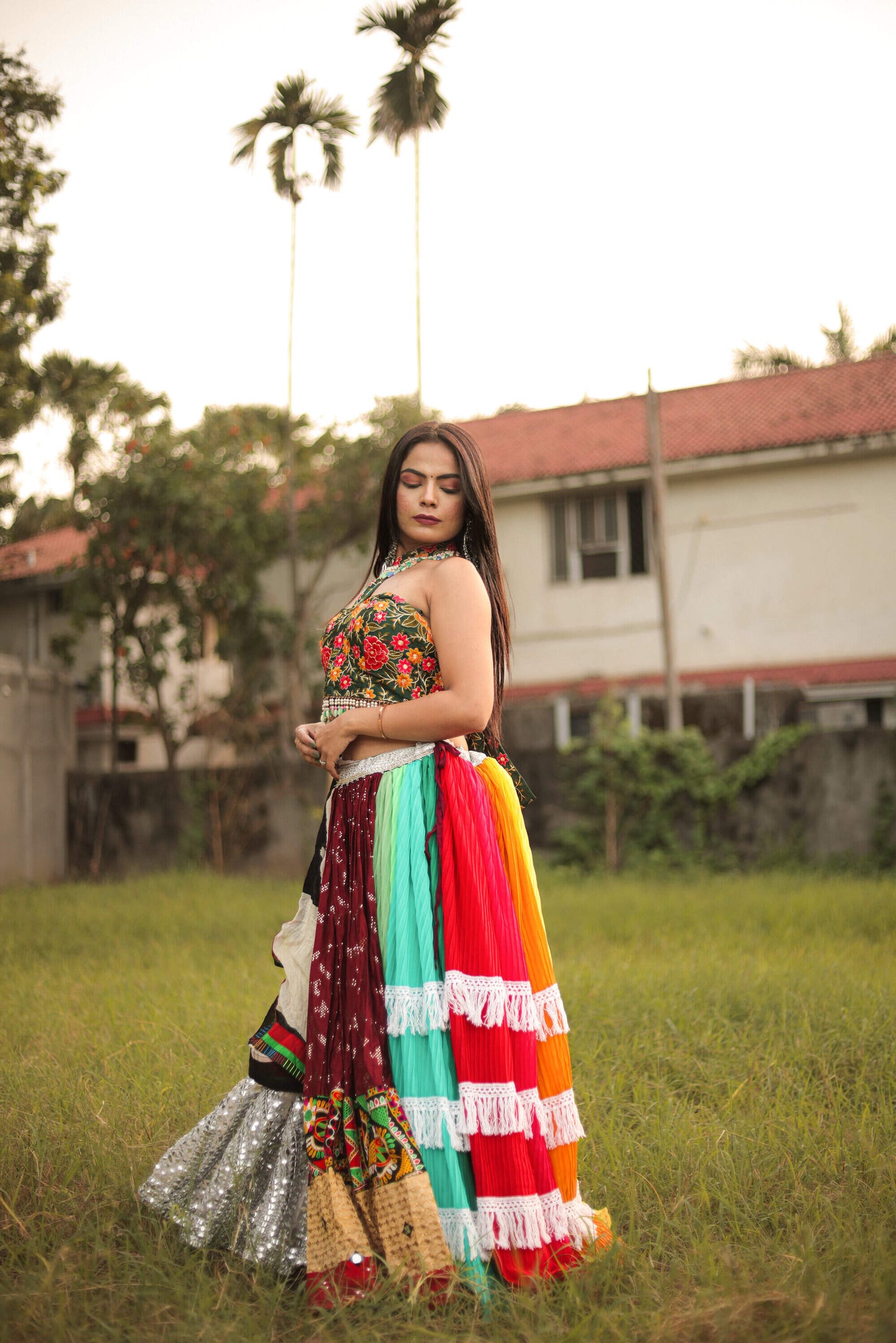 Floral Blouse with Vibrant Lehenga & Chiffon Dupatta