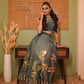 Grayish Green Velvet Lehenga and Crop Top Enriched with Golden Floral Mirror Detailing