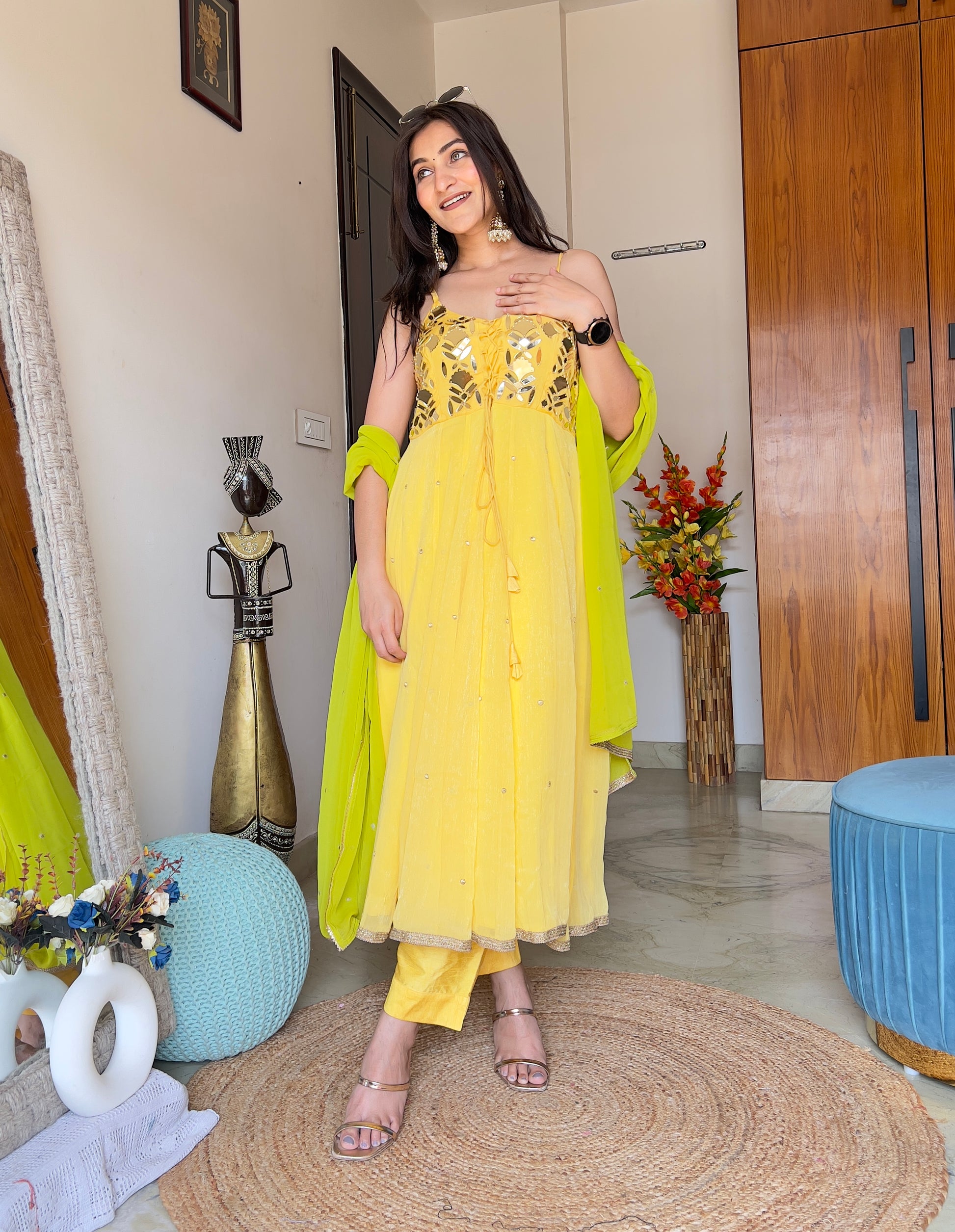 Yellow Georgette Anarkali Suit with Embroidered Dupatta