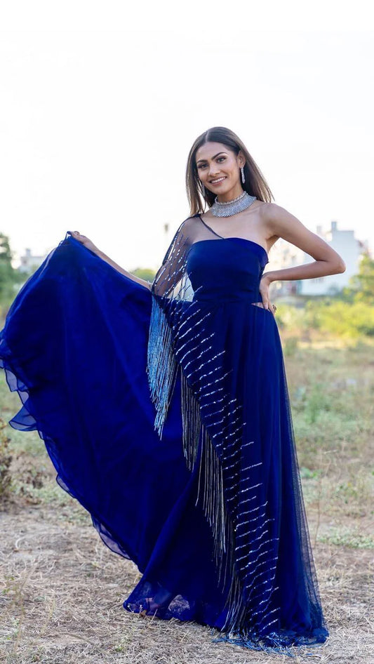 Blue Gown With Cape Tassels