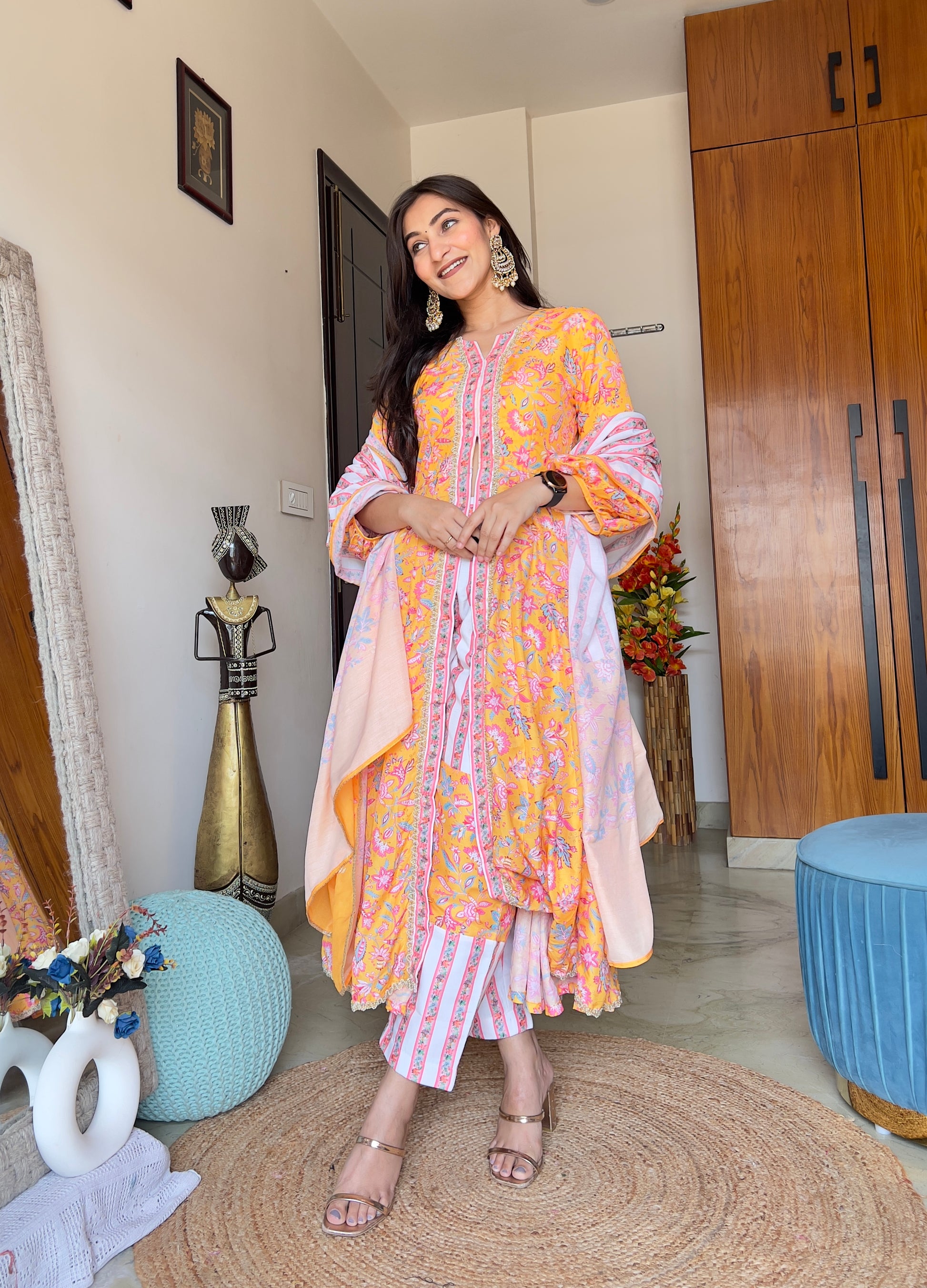 Floral Printed Muslin Cotton Anarkali Suit with Pants and Dupatta
