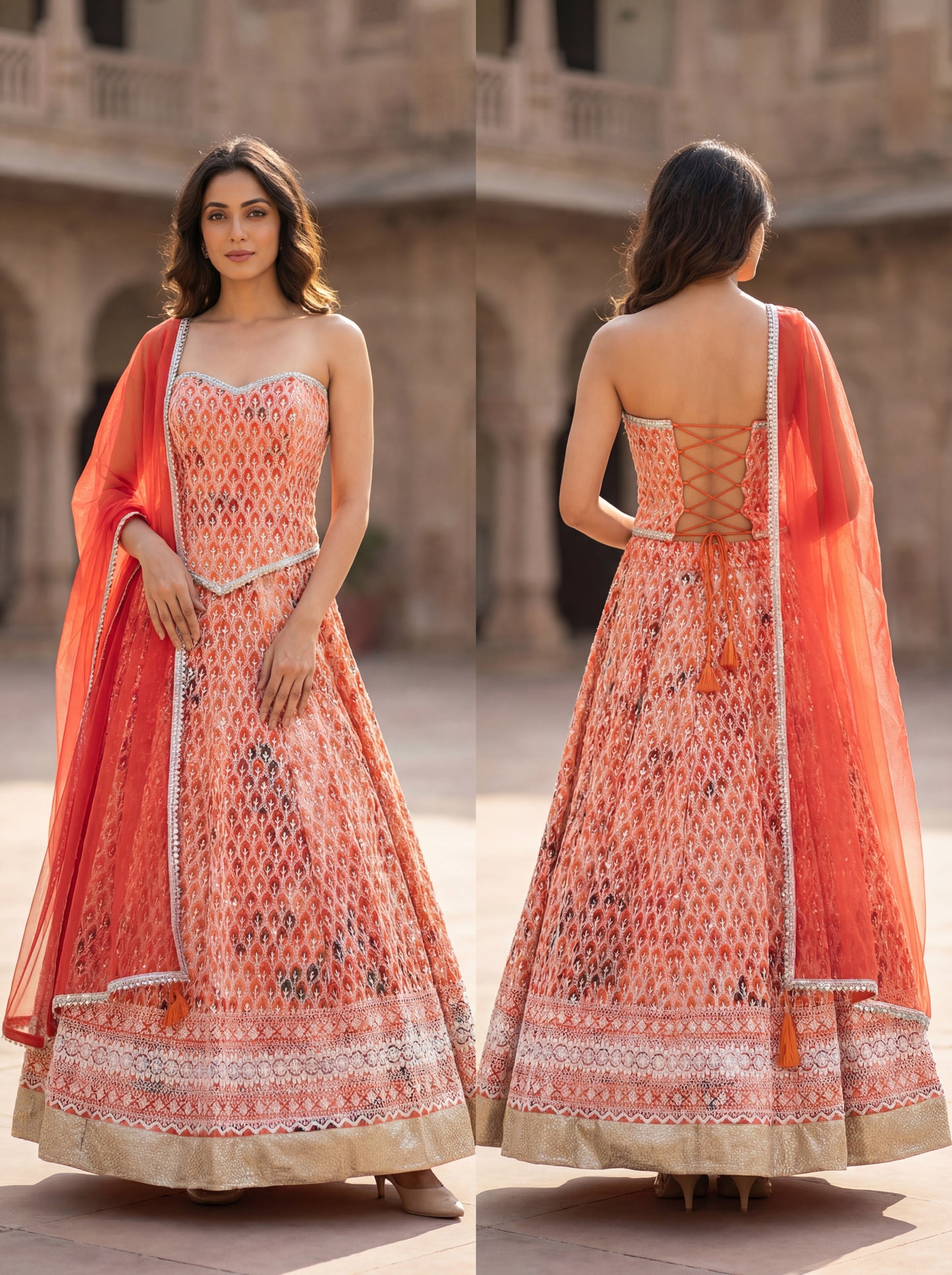 Noor-e-Ziya Rust Embroidered Lehenga Set