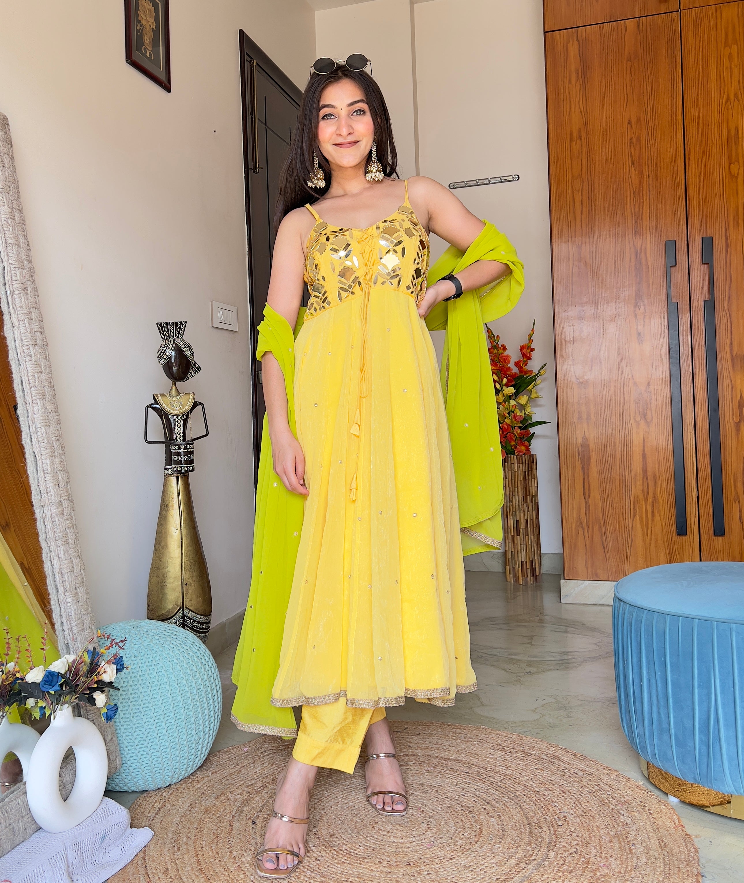 Beautiful Haldi Outfit Georgette Anarkali Gown With Dupatta, Beautiful  Indian Ethnic Yellow Piece Dress Set Readymade Gown - Etsy