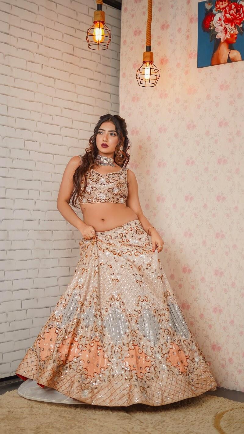 Peach All Over Worked Embroidery Lehenga - Kzari - The Design Studio