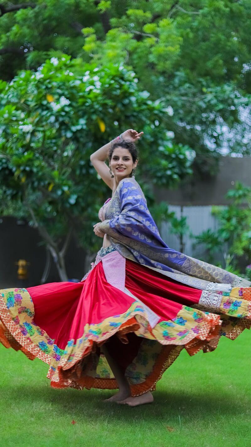 Red Lehenga With Pink blouse & Purple Silk Dupatta - Kzari - The Design Studio