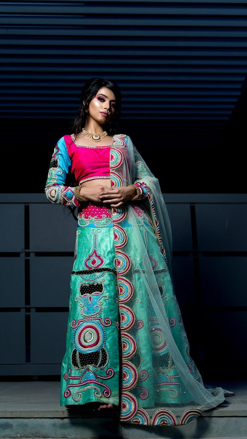 Multi Color Silk Patch Work Embroidery Lehenga - Kzari - The Design Studio