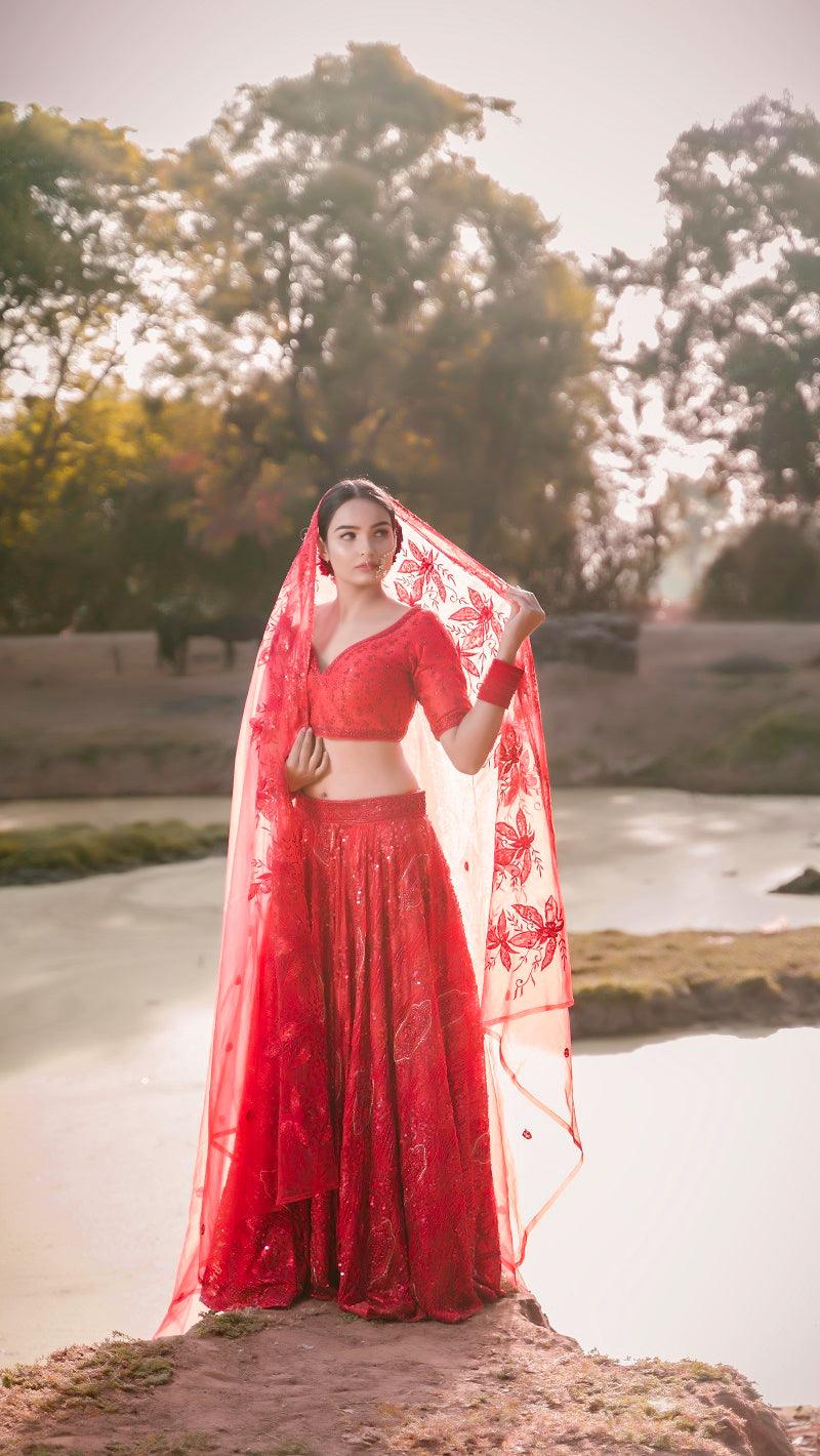 Red Net Sequence Embroidery Lehenga - Kzari - The Design Studio