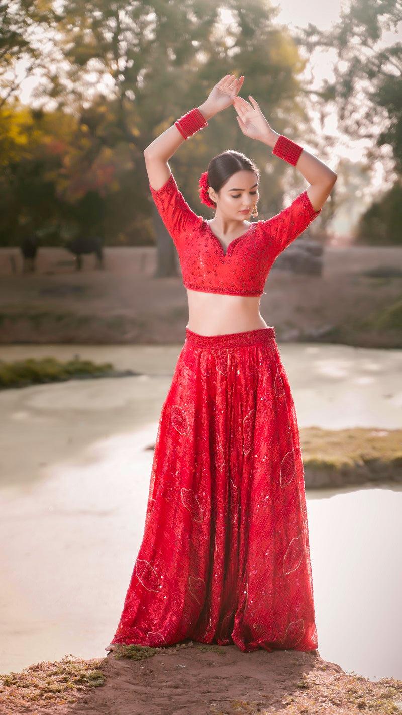 Red Net Sequence Embroidery Lehenga - Kzari - The Design Studio