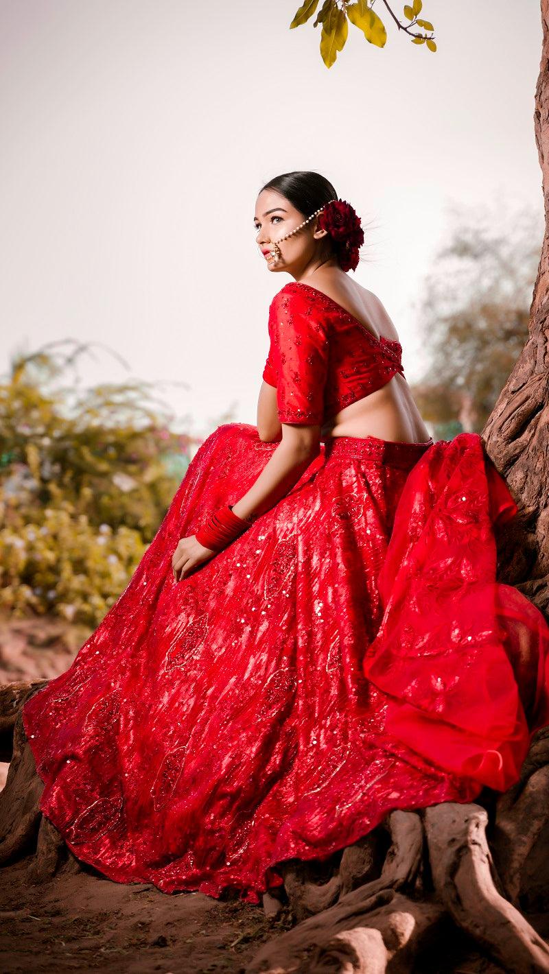 Red Net Sequence Embroidery Lehenga - Kzari - The Design Studio