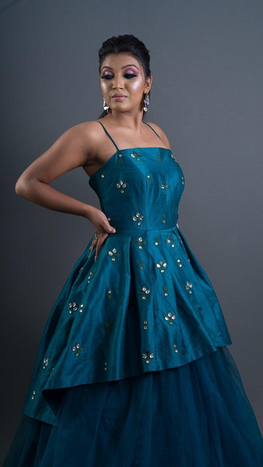 Turquoise Green Silk And Net Gown - Kzari - The Design Studio