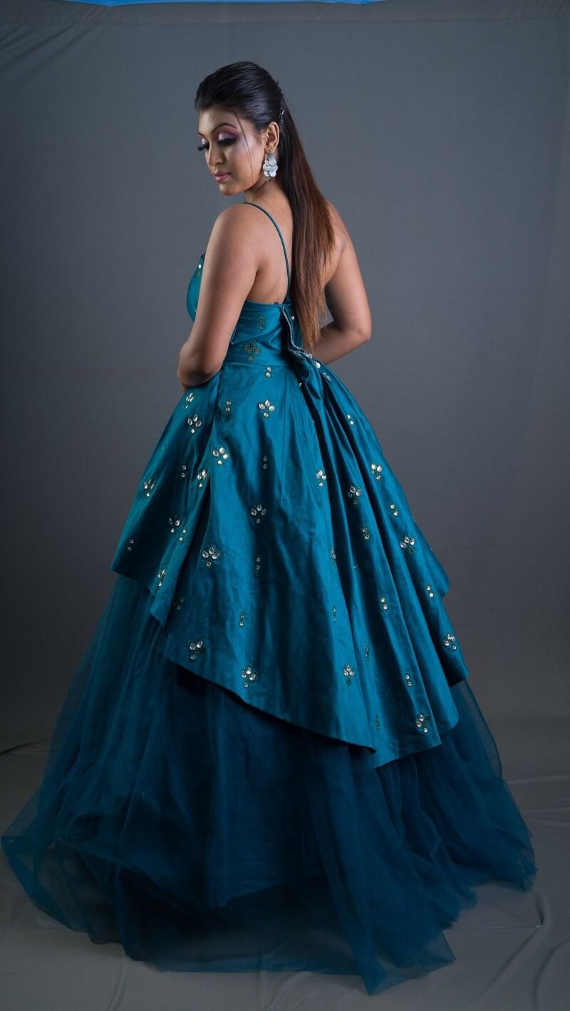 Turquoise Green Silk And Net Gown - Kzari - The Design Studio