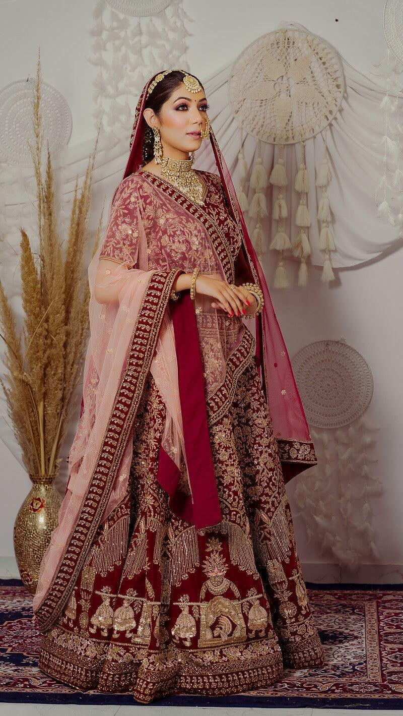 Red Velvet Bridal Lehenga - Kzari - The Design Studio