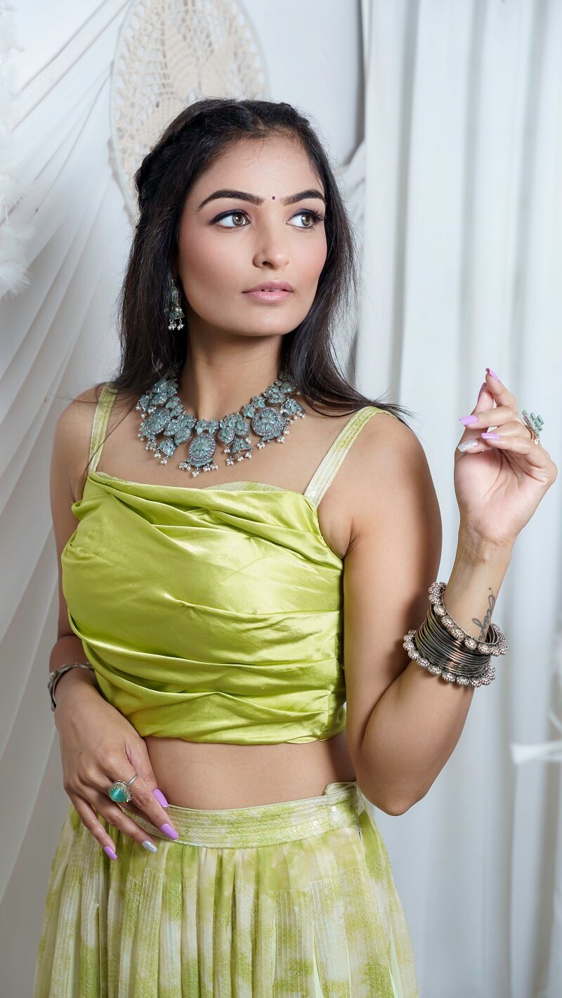 Green Printed Sequence lehenga And Drapped Blouse