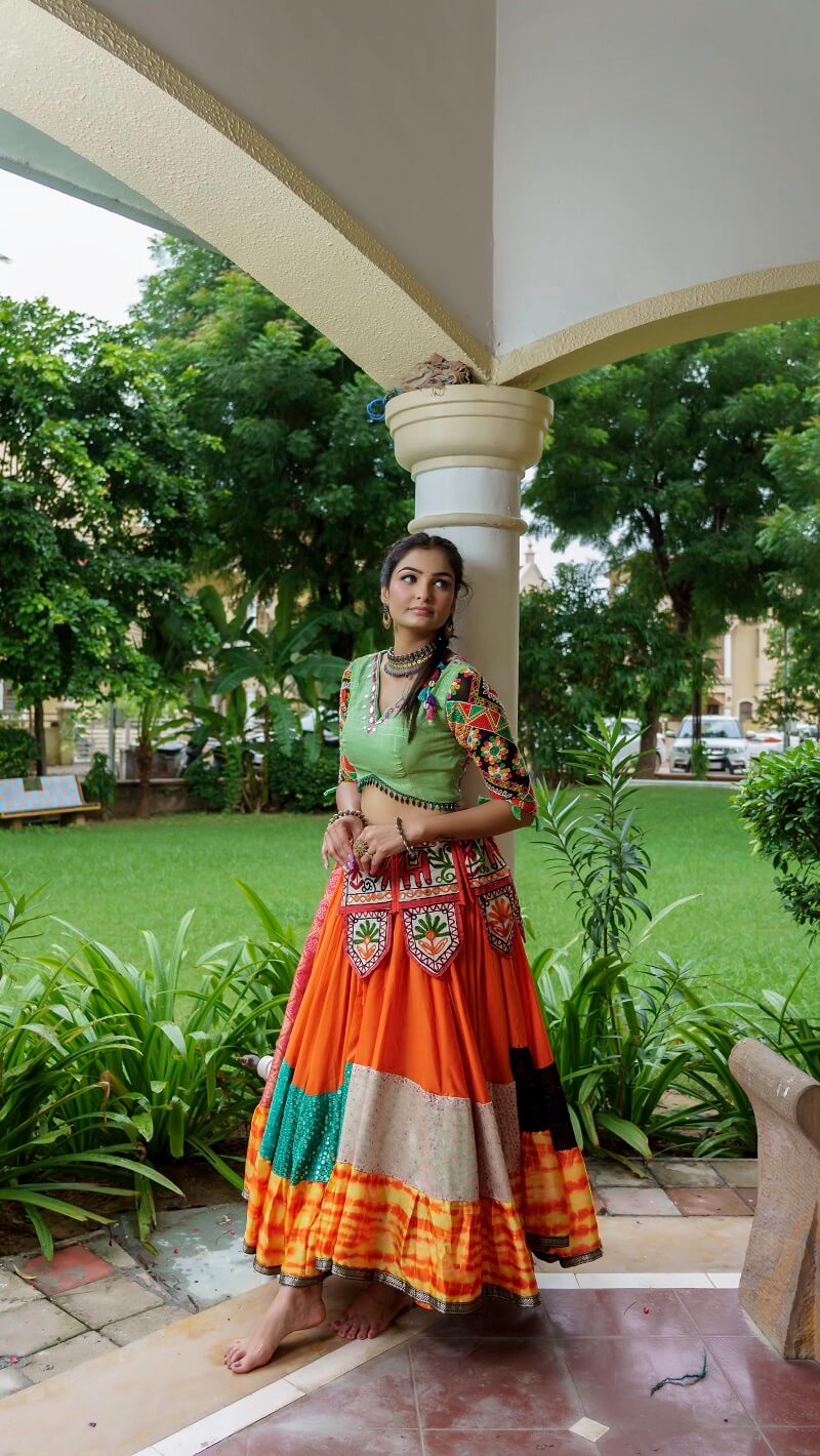 Green Blouse And Multicolour Lehenga With Navy Blue Dupatta