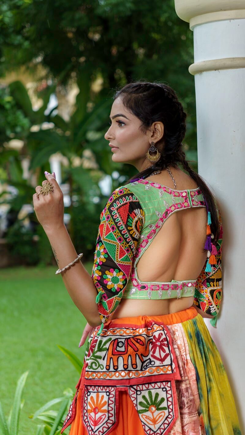 Green Blouse And Multicolour Lehenga With Navy Blue Dupatta