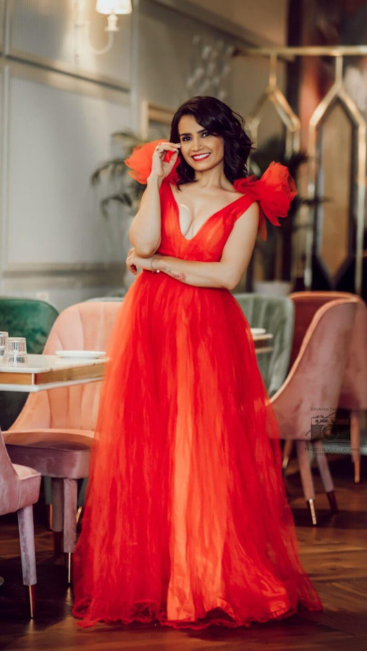 Red Shoulder Ruffle Gown - Kzari - The Design Studio