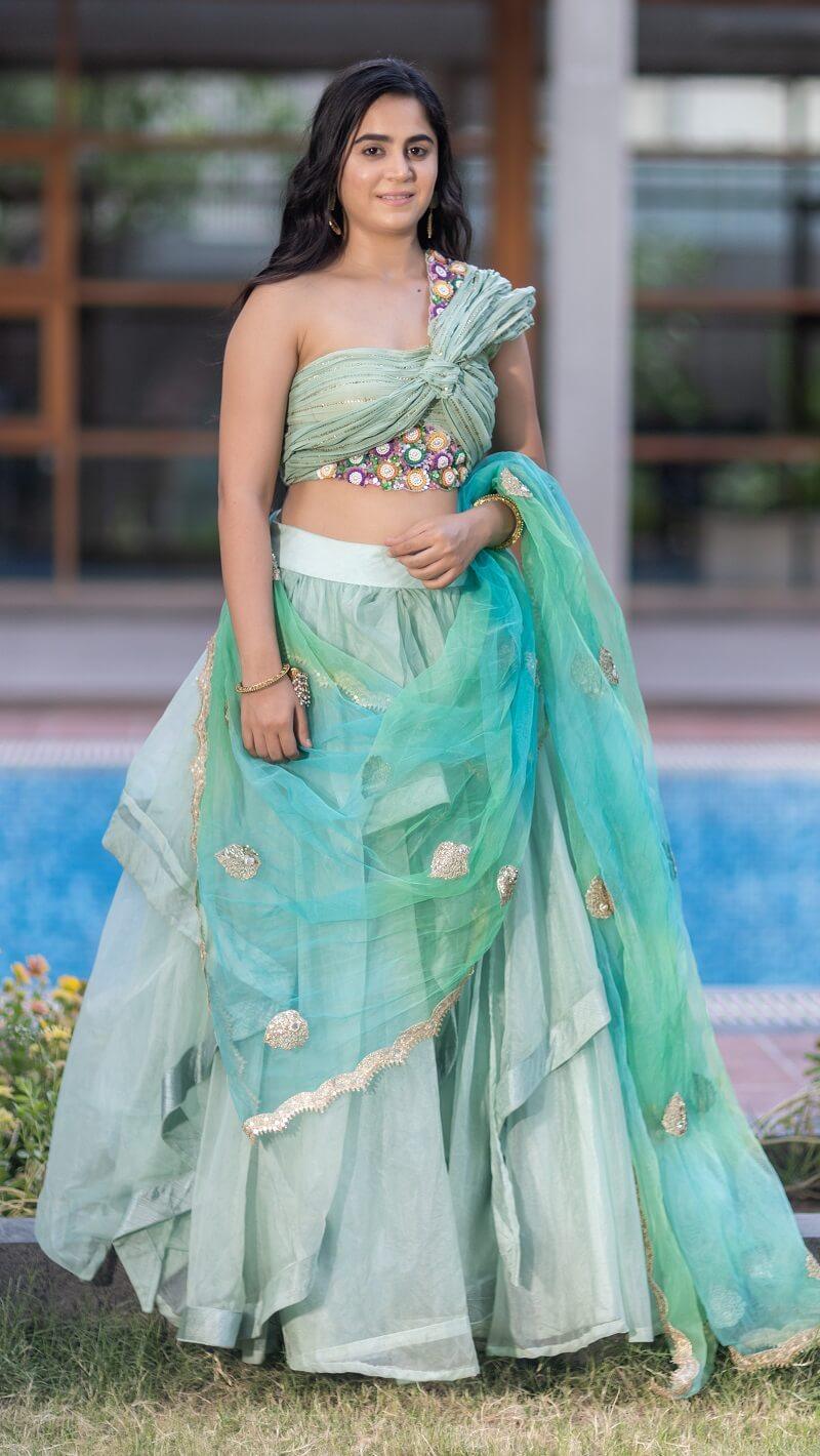 Green Ruffled Embroidered Lehenga - Kzari - The Design Studio